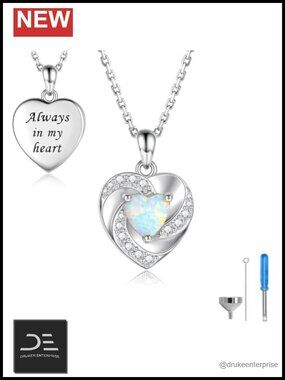 925 Sterling Silver Opal Heart Cremation Urn Necklace for Ashes
